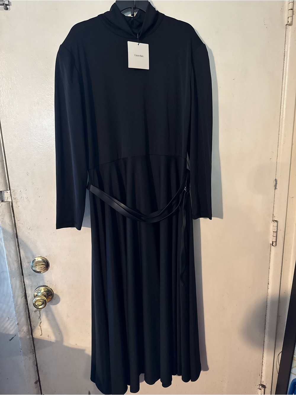 Calvin Klein Black Long-Sleeve Turtleneck Midi Dress with Belt